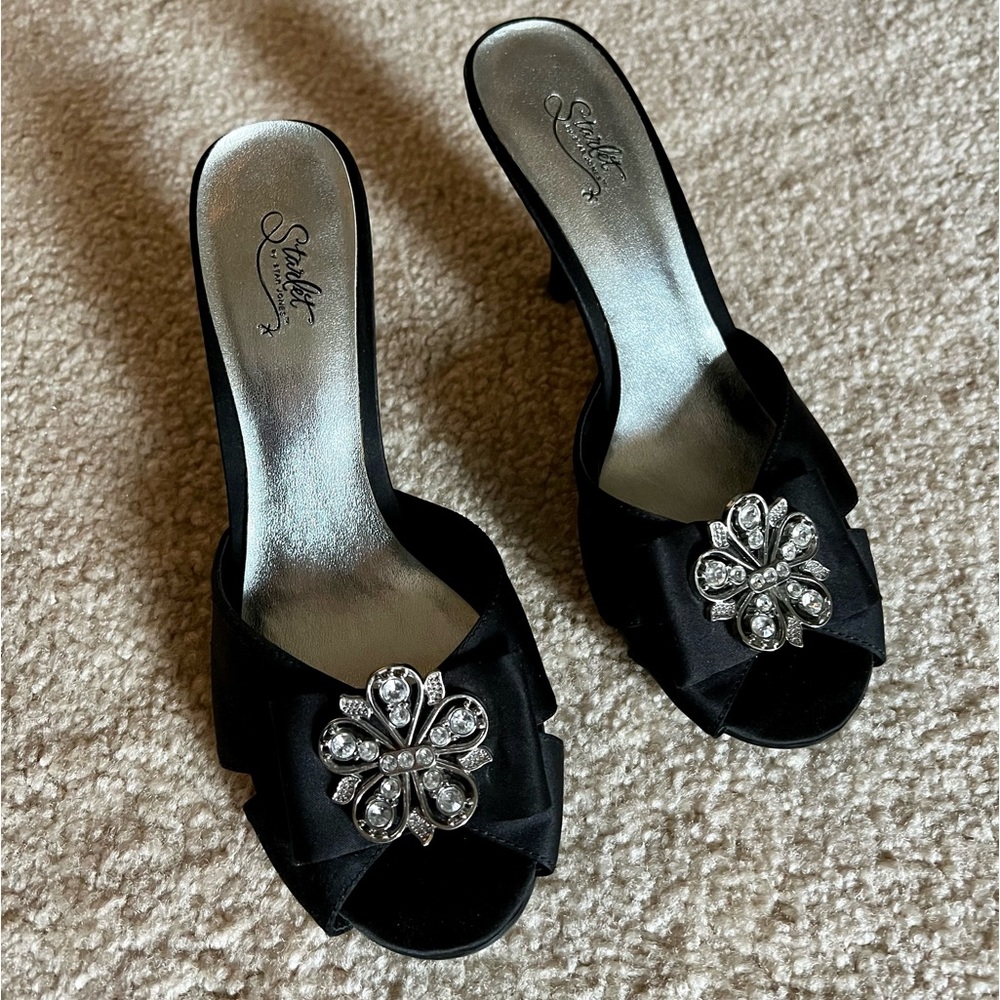 Beautiful Black slide on shoes dressy/formal so cute with silver embellishments